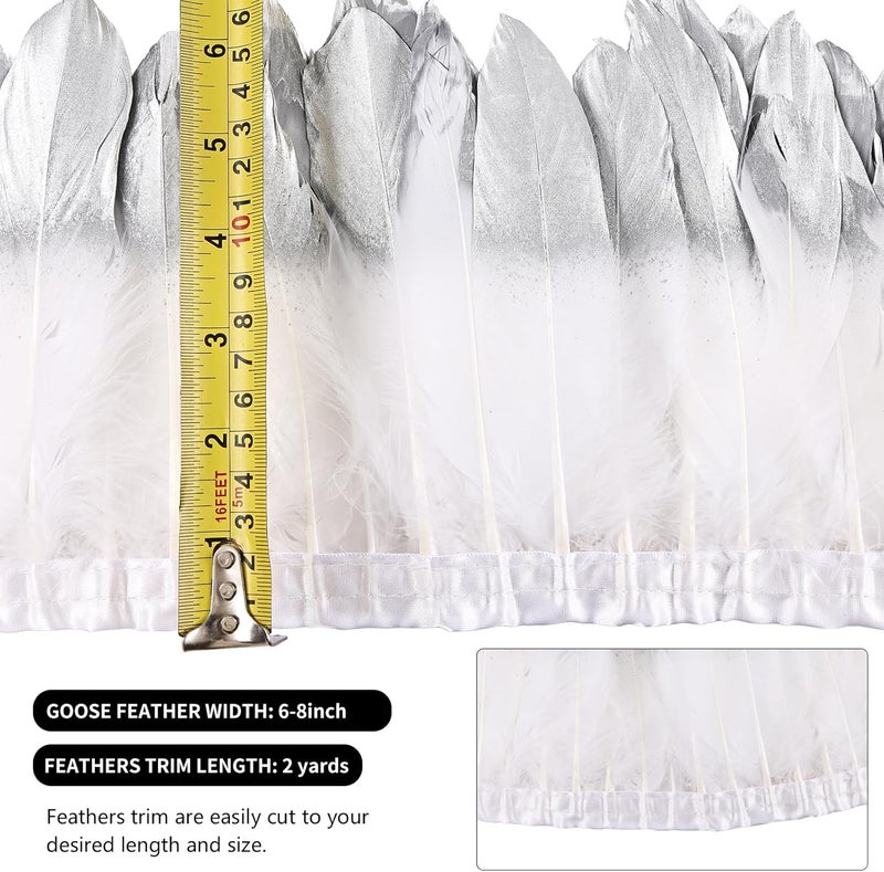 MAOFENG 2 Yards Natural Goose Feathers Trim Sewing Fringe Fashion Dress Sewing 6-8inch for DIY Handicrafts Costumes Decoration,White Silver - Image 2